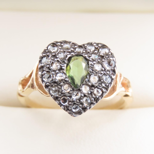 380 - Fourteen Carat Yellow Gold Peridot and Diamond Cluster Ring Heart Motif Ring Size N