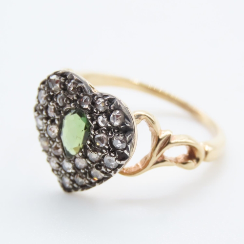 380 - Fourteen Carat Yellow Gold Peridot and Diamond Cluster Ring Heart Motif Ring Size N