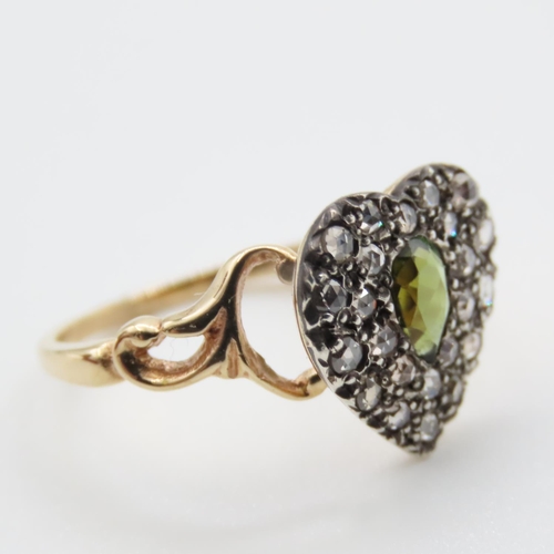 380 - Fourteen Carat Yellow Gold Peridot and Diamond Cluster Ring Heart Motif Ring Size N