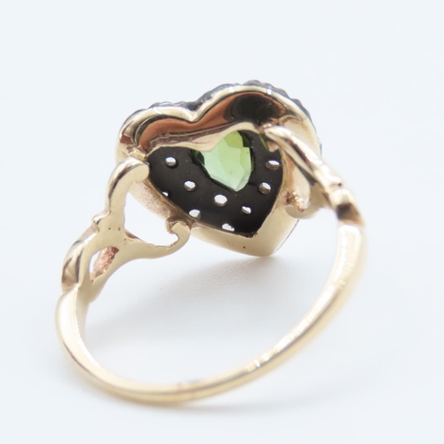 380 - Fourteen Carat Yellow Gold Peridot and Diamond Cluster Ring Heart Motif Ring Size N