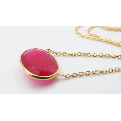 385 - Silver Gilt Ruby Inset Pendant Necklace Facet Oval Cut