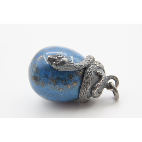 387 - Silver Mounted Lapis Lazuli Snake Motif Drop Pendant Egg Form Possibly Russian Approximately 2.5cm H... 