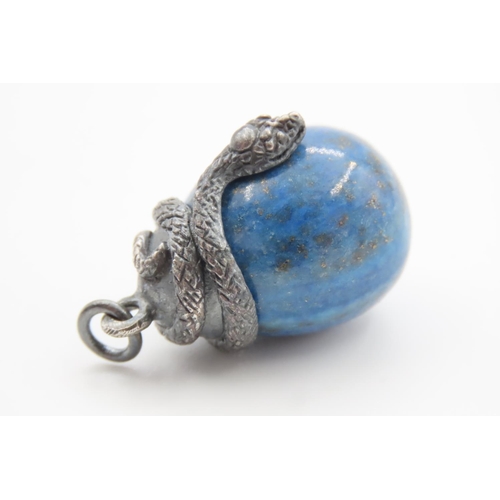 387 - Silver Mounted Lapis Lazuli Snake Motif Drop Pendant Egg Form Possibly Russian Approximately 2.5cm H... 