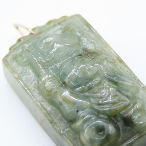 389 - Oriental Jade Pendant Carved Decoration Fourteen Carat Yellow Gold Bale Approximately 4cm High