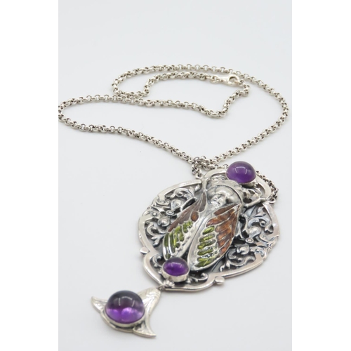 390 - Silver Plaq Du Jour Egyptian Scarab Motif Pendant Mounted on Silver Chain Articulated Form Pendant A... 