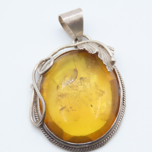 398 - Silver Mounted Amber Pendant Necklace Leaf Motif Decoration Approximately 4cm High Including Bale