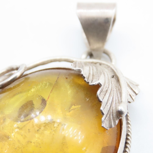 398 - Silver Mounted Amber Pendant Necklace Leaf Motif Decoration Approximately 4cm High Including Bale