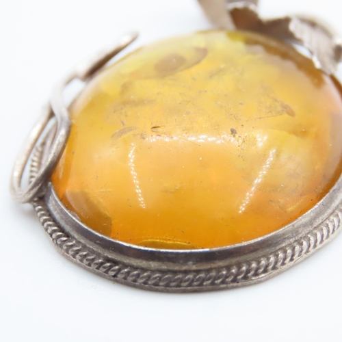 398 - Silver Mounted Amber Pendant Necklace Leaf Motif Decoration Approximately 4cm High Including Bale