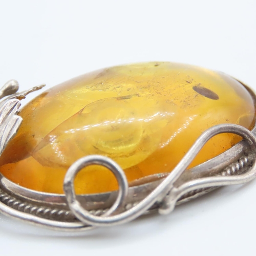 398 - Silver Mounted Amber Pendant Necklace Leaf Motif Decoration Approximately 4cm High Including Bale