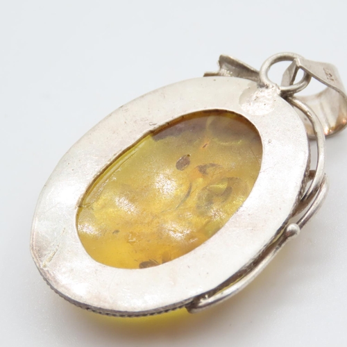 398 - Silver Mounted Amber Pendant Necklace Leaf Motif Decoration Approximately 4cm High Including Bale