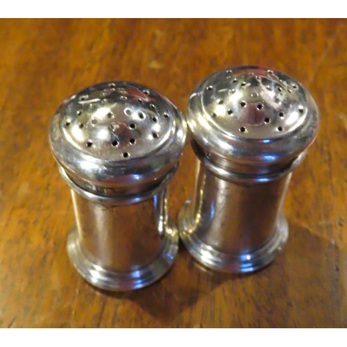 421 - Pair of Silver Cannister Form Salt and Peppers Each Approximately 6cm High