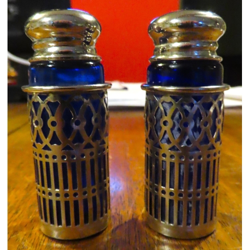 423 - Pair of Salt and Peppers Silver with Original Interior Bristol Blue Liners Each Approximately 6cm Hi... 