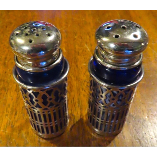 423 - Pair of Salt and Peppers Silver with Original Interior Bristol Blue Liners Each Approximately 6cm Hi... 