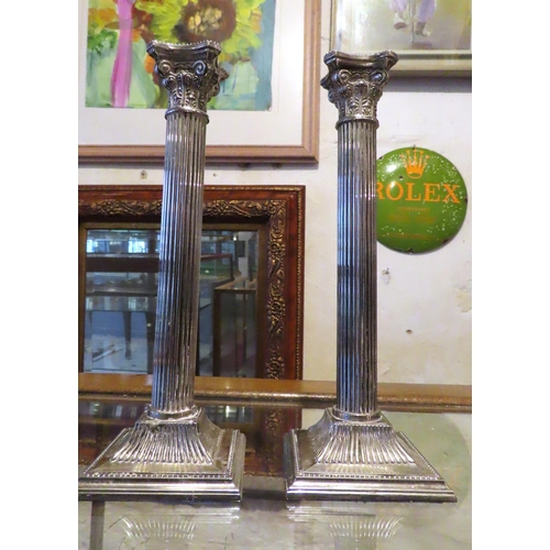 425 - Pair of Corinthian Column Silver Plated Candle Rests Each Approximately 10 Inches High