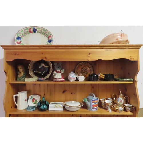 Collection of Various Items Two Shelves on Pine Dresser with Two Items Photographed Atop Spongeware Platter and Edwardian Ceiling Light Quantity As Photographed