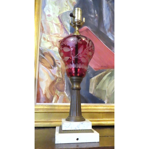 435 - Edwardian Ruby Glass Oil Lamp Etched Decoration Stepped Marble Base Approximately 17 Inches High