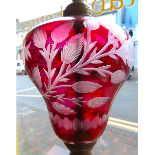 435 - Edwardian Ruby Glass Oil Lamp Etched Decoration Stepped Marble Base Approximately 17 Inches High