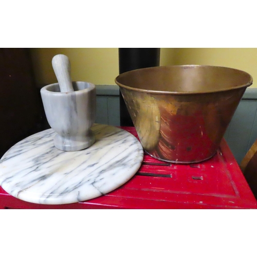 446 - Marble Mortar and Pestle with Marble Kitchen Top Board and Brass Pan with Another Enamel Pan not Pho... 