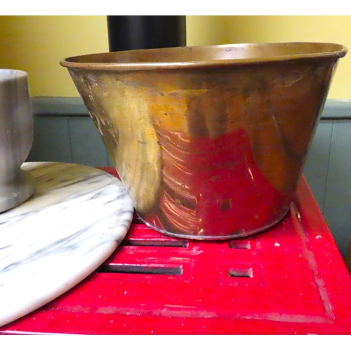 446 - Marble Mortar and Pestle with Marble Kitchen Top Board and Brass Pan with Another Enamel Pan not Pho... 