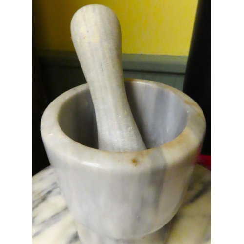 446 - Marble Mortar and Pestle with Marble Kitchen Top Board and Brass Pan with Another Enamel Pan not Pho... 