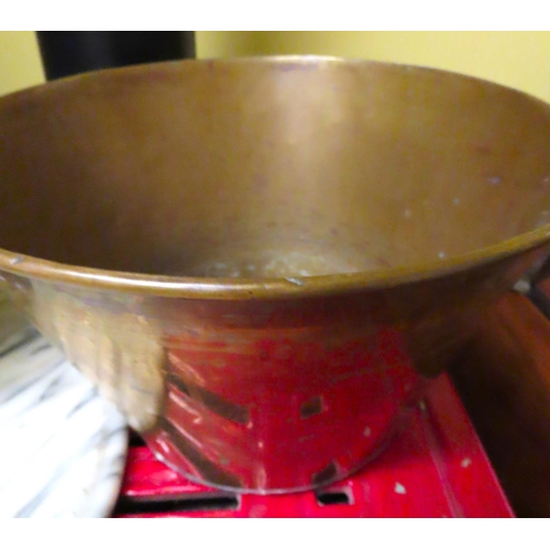 446 - Marble Mortar and Pestle with Marble Kitchen Top Board and Brass Pan with Another Enamel Pan not Pho... 