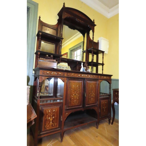 449 - Victorian Rosewood Marquetry Decorated Side Cabinet with Inset Mirrored Panels Above Cupboard Doors ... 