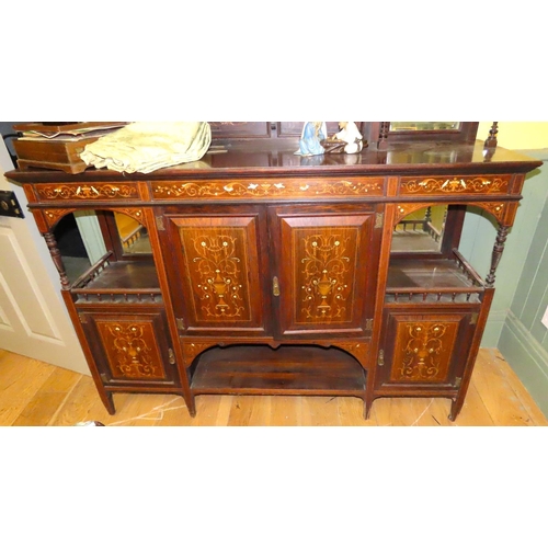 449 - Victorian Rosewood Marquetry Decorated Side Cabinet with Inset Mirrored Panels Above Cupboard Doors ... 