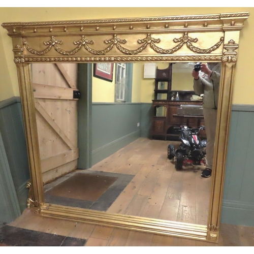 453 - Carved Giltwood Rectangular Form Overmantle Mirror Upper Swag Motif Decoration 62 Inches Wide x 59 I... 