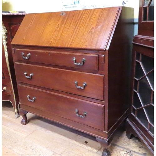 458 - Mahogany Bureau Fitted Interior Above Three Long Drawers Claw and  Ball Supports Approximately 34 In... 