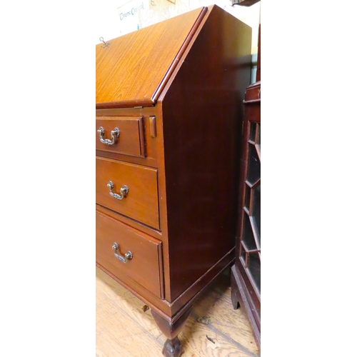 458 - Mahogany Bureau Fitted Interior Above Three Long Drawers Claw and  Ball Supports Approximately 34 In... 