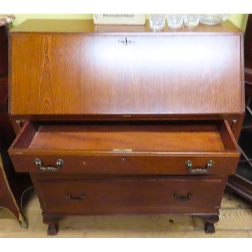 458 - Mahogany Bureau Fitted Interior Above Three Long Drawers Claw and  Ball Supports Approximately 34 In... 