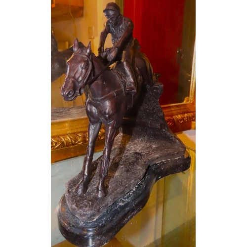 464 - Bronze Sculpture Horse and Jockey Mounted on Marble Base Approximately 13 Inches Wide