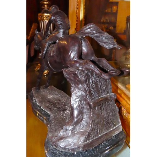 464 - Bronze Sculpture Horse and Jockey Mounted on Marble Base Approximately 13 Inches Wide