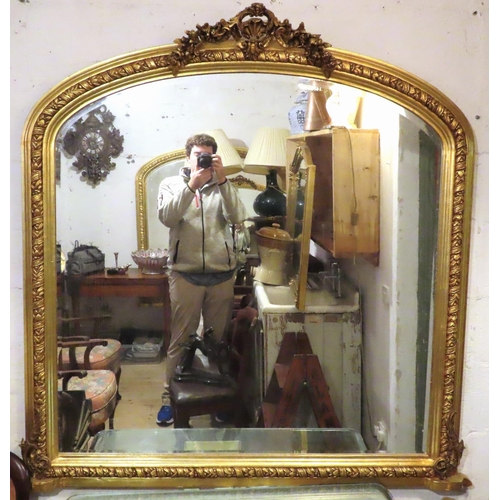 466 - Gilded Overmantle Mirror Upper Cartouche Decoration Approximately 46 Inches Wide x 47 Inches High