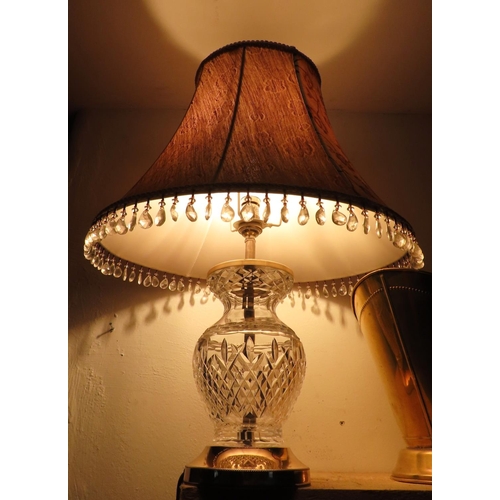 469 - Irish Cut Crystal Table Lamp with Shade Electrified Working Order Polished Brass Circular Base Appro... 