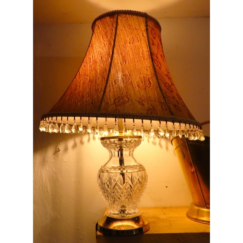 469 - Irish Cut Crystal Table Lamp with Shade Electrified Working Order Polished Brass Circular Base Appro... 