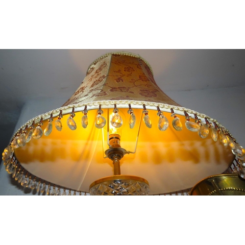 469 - Irish Cut Crystal Table Lamp with Shade Electrified Working Order Polished Brass Circular Base Appro... 