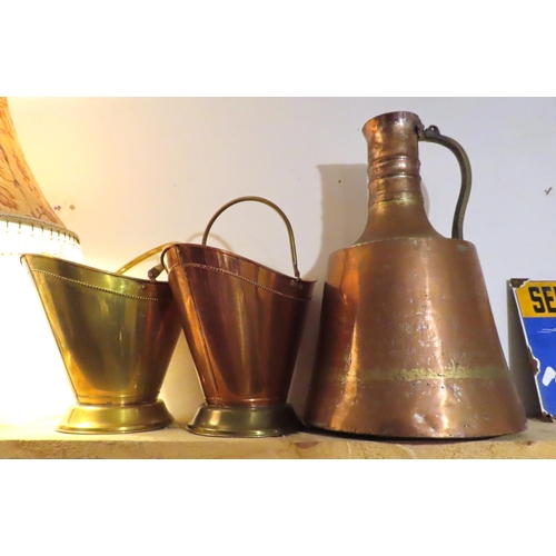 470 - Copper Ewer and Two Copper and Brass Holders Swing Carry Handles Three Pieces in Lot Tallest Approxi... 