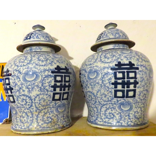 473 - Pair of Oriental Blue and White Ginger Jars Original Covers Present Each Approximately 14 Inches Hig... 