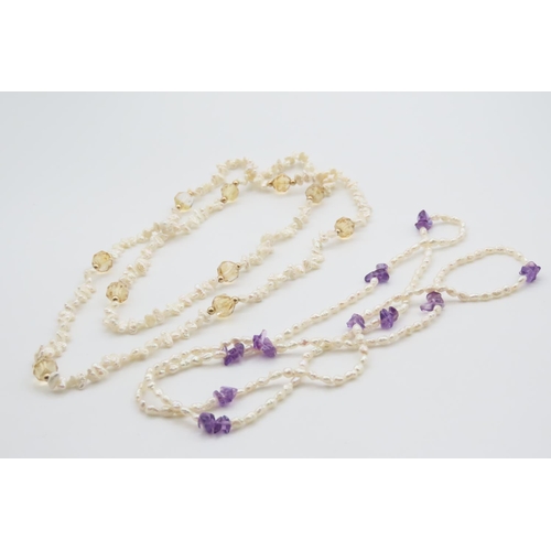 481 - Two Natural Seed Pearl Necklaces One Polished Amethyst Set and  One Polished Citrine Spacers Each Ap... 