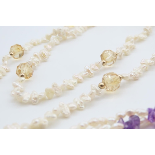 481 - Two Natural Seed Pearl Necklaces One Polished Amethyst Set and  One Polished Citrine Spacers Each Ap... 