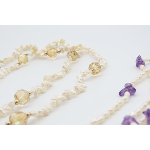 481 - Two Natural Seed Pearl Necklaces One Polished Amethyst Set and  One Polished Citrine Spacers Each Ap... 