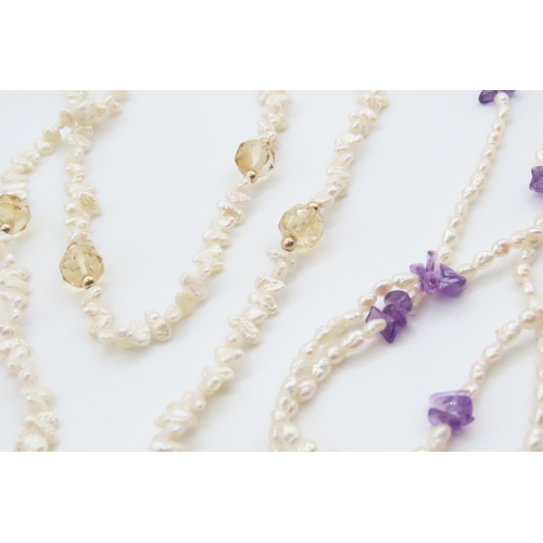 481 - Two Natural Seed Pearl Necklaces One Polished Amethyst Set and  One Polished Citrine Spacers Each Ap... 