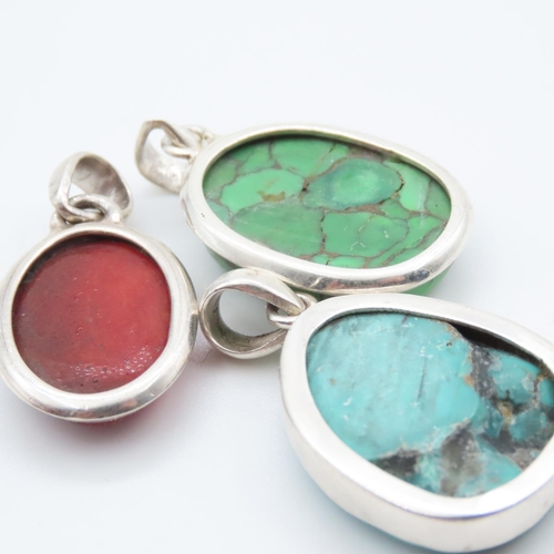 485 - Three Silver Mounted Pendants Polished Gemstone Inset Largest Approximately 4cm High