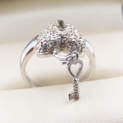 491 - Silver Love Heart and Key Motif Ladies Ring Size M Key Present