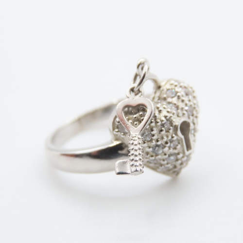 491 - Silver Love Heart and Key Motif Ladies Ring Size M Key Present