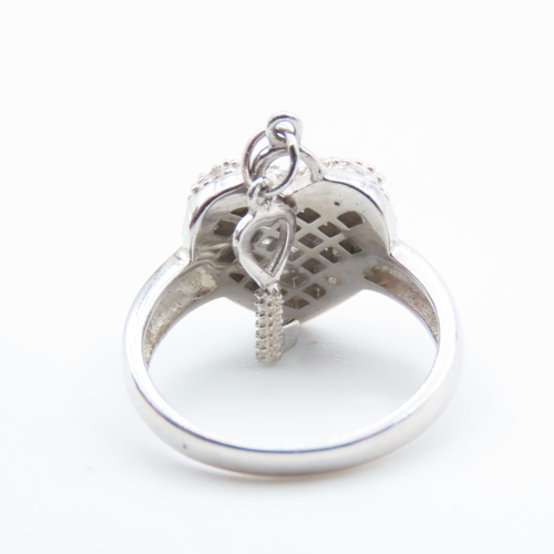 491 - Silver Love Heart and Key Motif Ladies Ring Size M Key Present