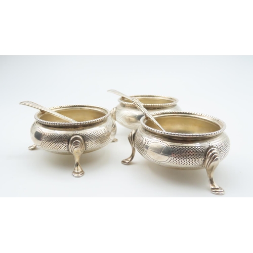 511 - Set of Three Silver Table Salts with Matching Spoons Shaped Supports Each Approximately 6cm Diameter