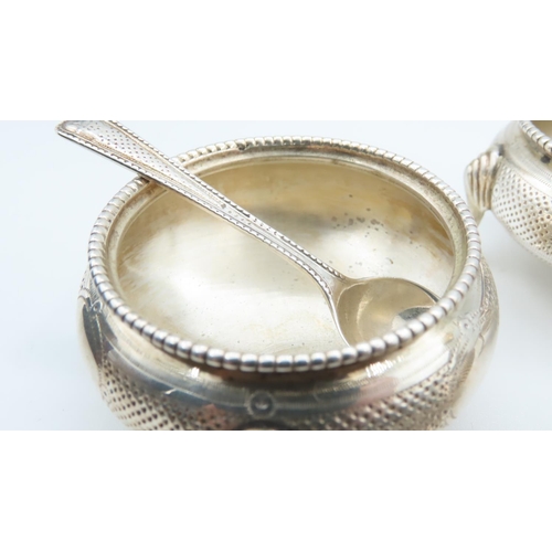 511 - Set of Three Silver Table Salts with Matching Spoons Shaped Supports Each Approximately 6cm Diameter