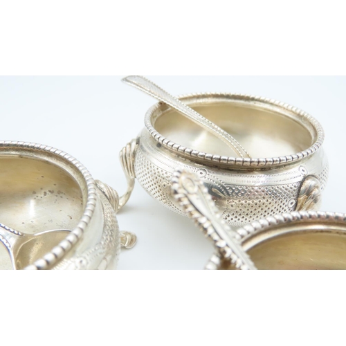 511 - Set of Three Silver Table Salts with Matching Spoons Shaped Supports Each Approximately 6cm Diameter